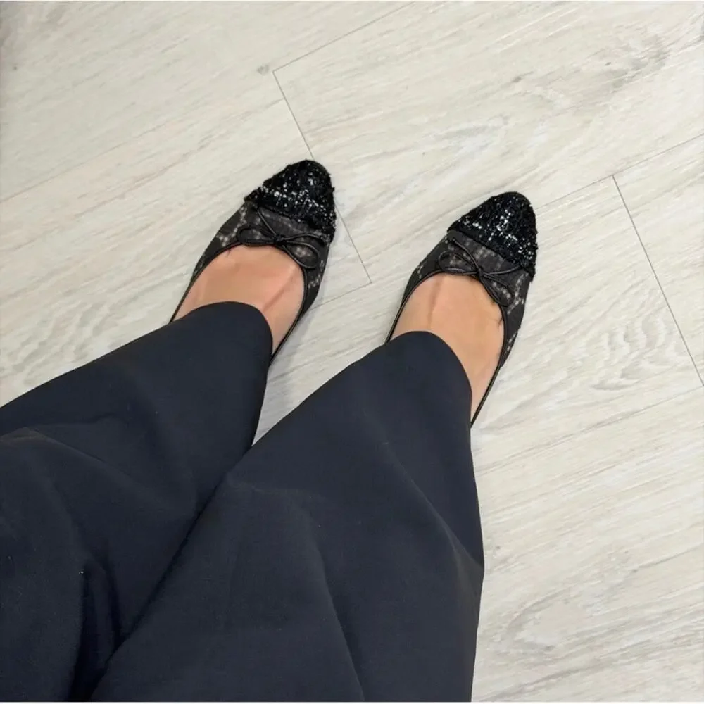 Chanel Black Mesh Tweed Cap Toe Bow Pumps Heels 37.5